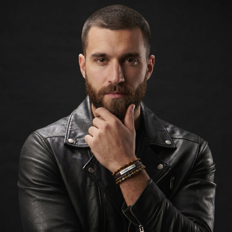 Men's braided leather bracelet, natural tiger's eye beads, engravable stainless steel, adjustable magnetic clasp, personalized wrist jewelry, Dossère model