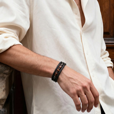 Bracelet personnalisable multi-rangs tresse, perles Oeil de Tigre, fermoir magnetique, modele Celian