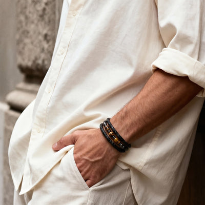 Bracelet personnalisable multi-rangs tresse, perles Oeil de Tigre, fermoir magnetique, modele Celian