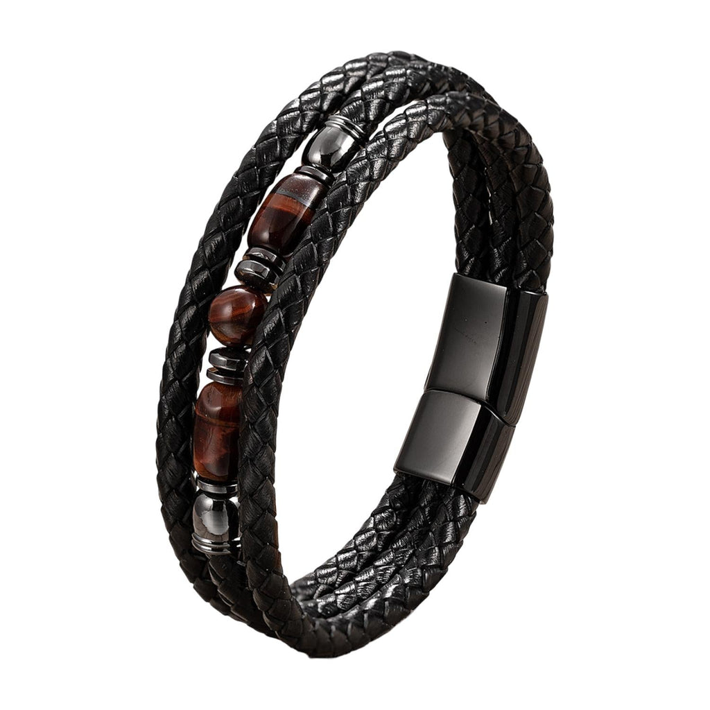 Geflochtenes Herrenarmband aus Leder, echte Tigeraugen-Perlen, personalisierbarer Magnetverschluss, eleganter maskuliner Schmuck, personalisiertes Geschenk für ihn, Modell Célian