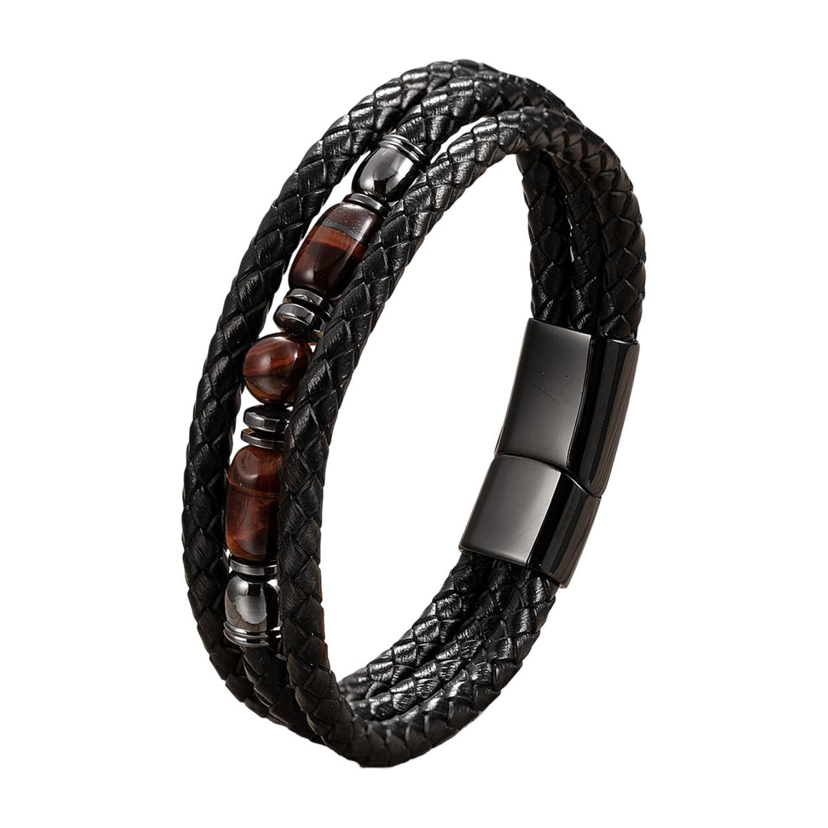 Bracelet personnalisable multi-rangs tresse, perles Oeil de Tigre, fermoir magnetique, modele Celian
