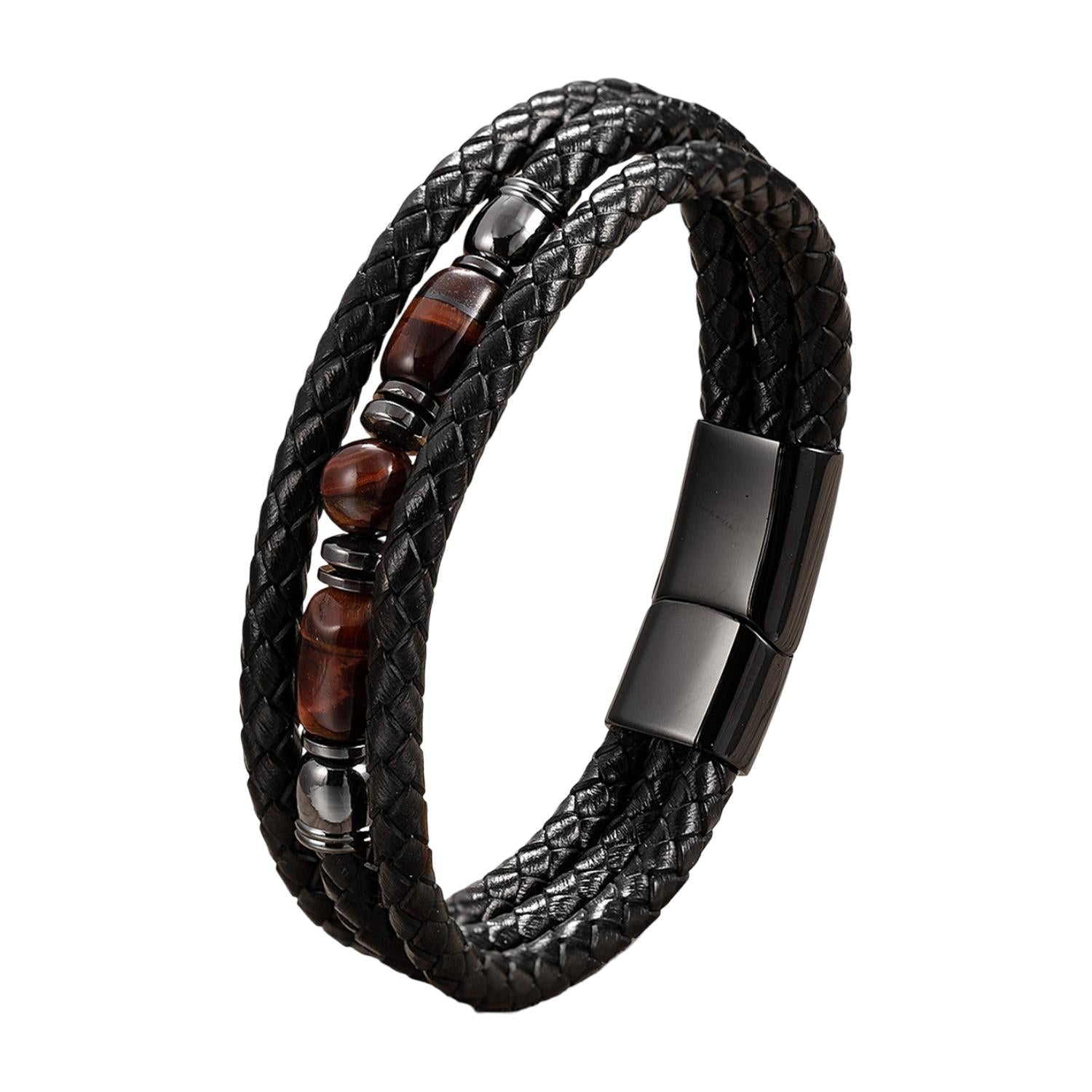 Geflochtenes Herrenarmband aus Leder, echte Tigeraugen-Perlen, personalisierbarer Magnetverschluss, eleganter maskuliner Schmuck, personalisiertes Geschenk für ihn, Modell Célian