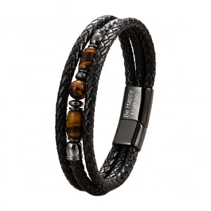 Geflochtenes Herrenarmband aus Leder, echte Tigeraugen-Perlen, personalisierbarer Magnetverschluss, eleganter maskuliner Schmuck, personalisiertes Geschenk für ihn, Modell Célian