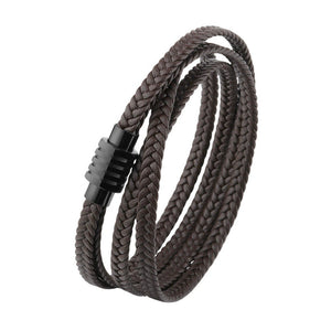 Herrenarmband aus mehrreihigem Leder, doppelt gewickeltes geflochtenes Armband mit Magnetverschluss aus Edelstahl, Modell Joe