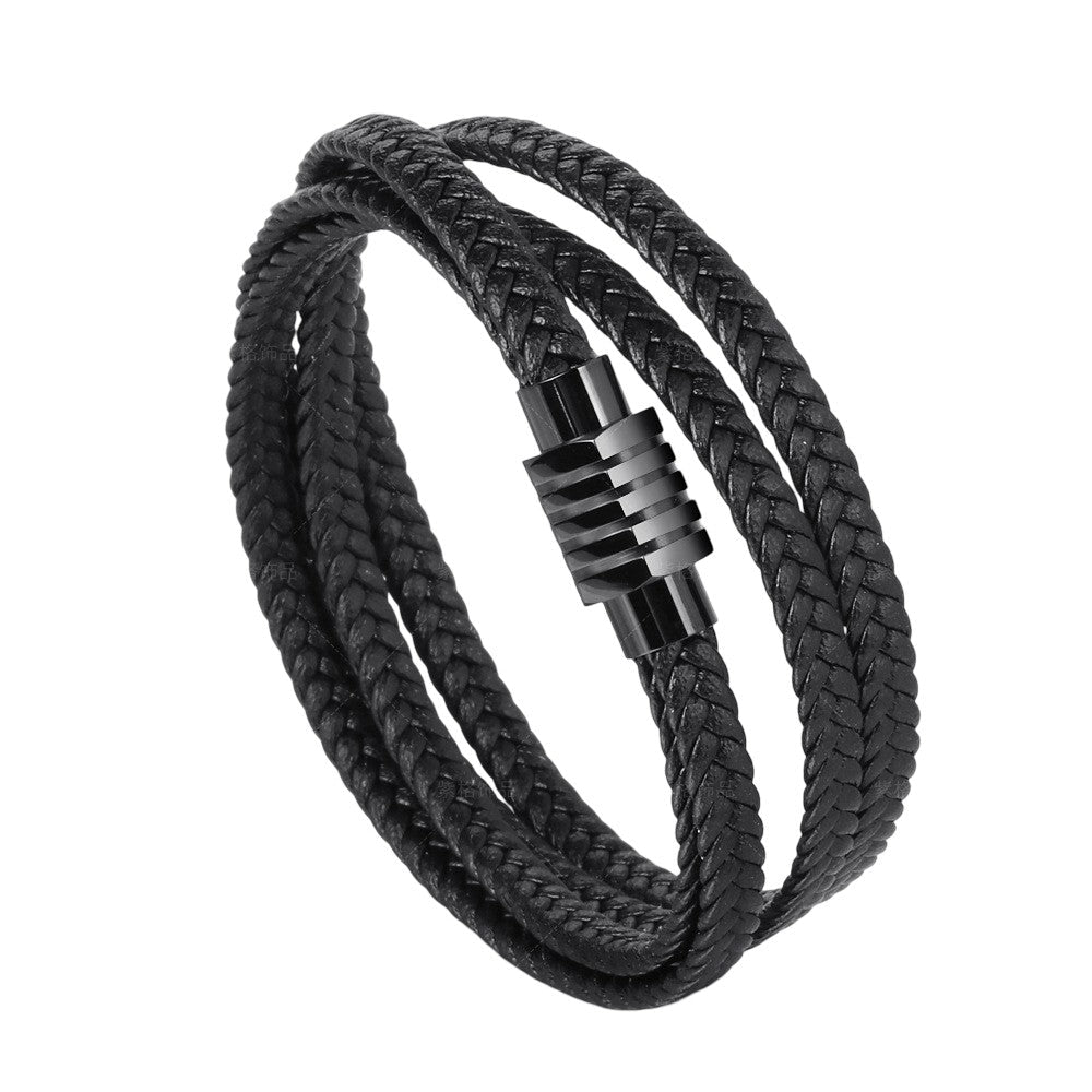 Herrenarmband aus mehrreihigem Leder, doppelt gewickeltes geflochtenes Armband mit Magnetverschluss aus Edelstahl, Modell Joe