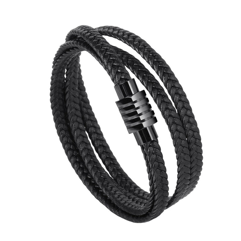 Herrenarmband aus mehrreihigem Leder, doppelt gewickeltes geflochtenes Armband mit Magnetverschluss aus Edelstahl, Modell Joe
