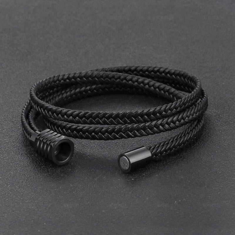 Herrenarmband aus mehrreihigem Leder, doppelt gewickeltes geflochtenes Armband mit Magnetverschluss aus Edelstahl, Modell Joe