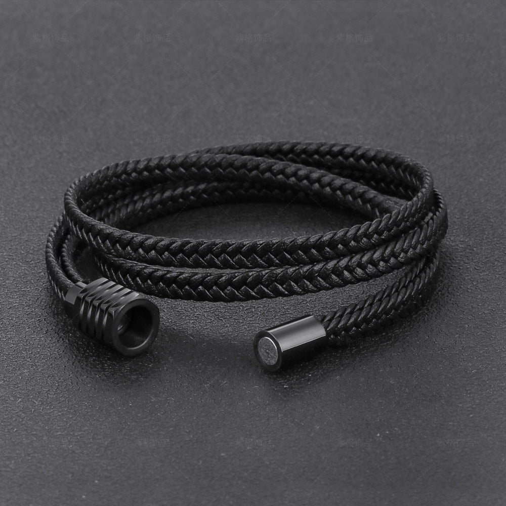Herrenarmband aus mehrreihigem Leder, doppelt gewickeltes geflochtenes Armband mit Magnetverschluss aus Edelstahl, Modell Joe