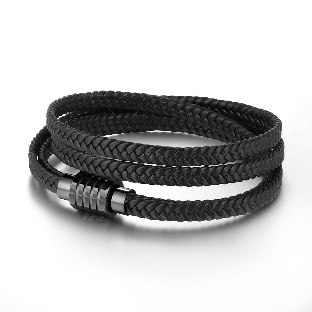 Herrenarmband aus mehrreihigem Leder, doppelt gewickeltes geflochtenes Armband mit Magnetverschluss aus Edelstahl, Modell Joe