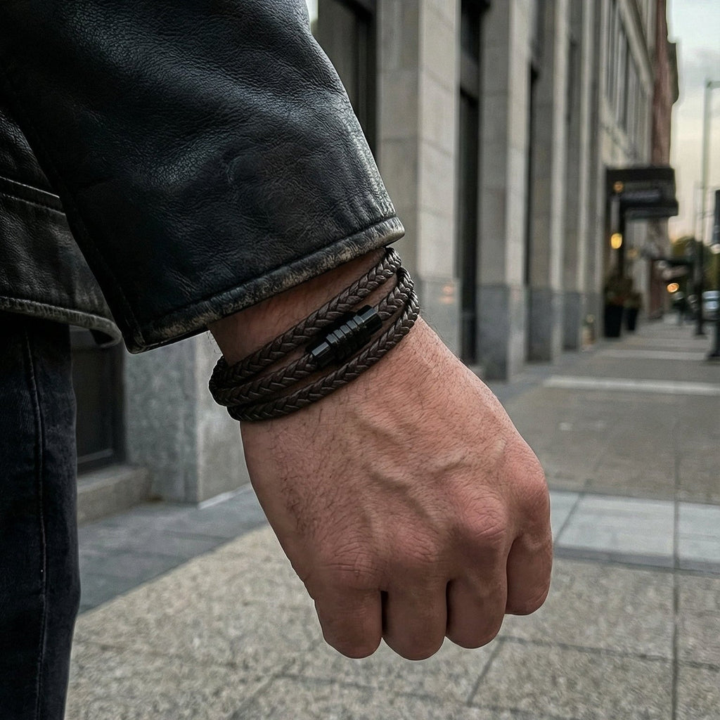 Herrenarmband aus mehrreihigem Leder, doppelt gewickeltes geflochtenes Armband mit Magnetverschluss aus Edelstahl, Modell Joe