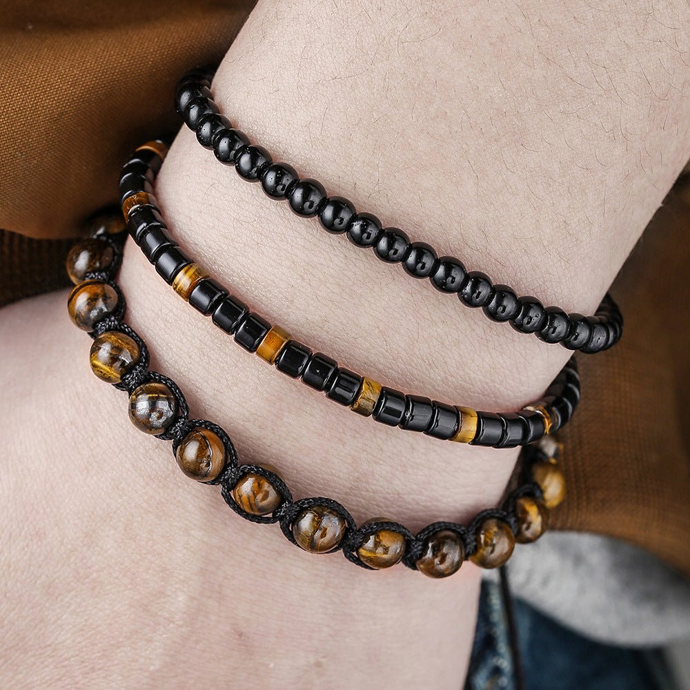 Herrenarmband aus Tigerauge und schwarzem Onyx, mehrreihiges Set mit natürlichen Perlen, verstellbares geflochtenes Band, Modell Bully