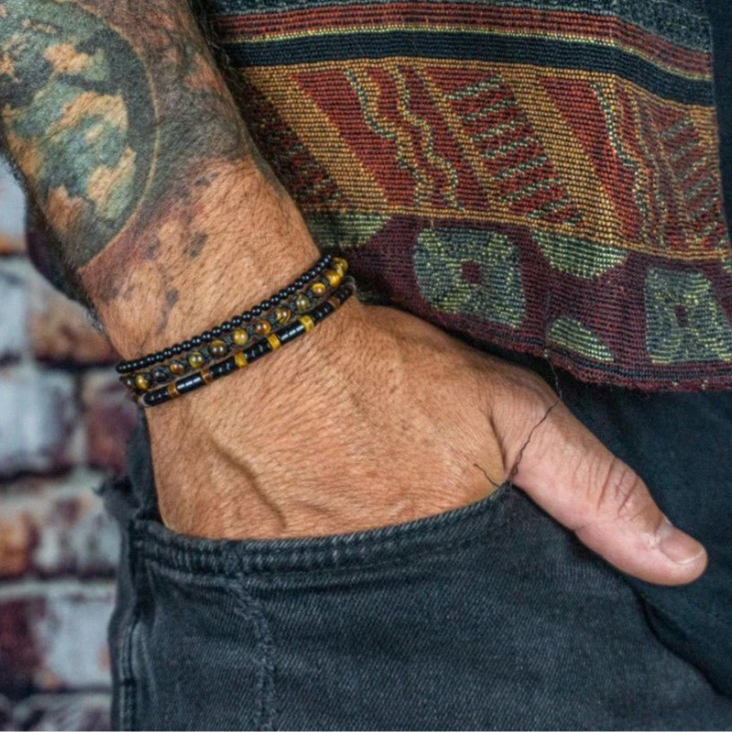 Bracelet homme en œil de tigre et onyx noir, ensemble multi rangs à perles naturelles, cordon tressé ajustable, modèle Bully