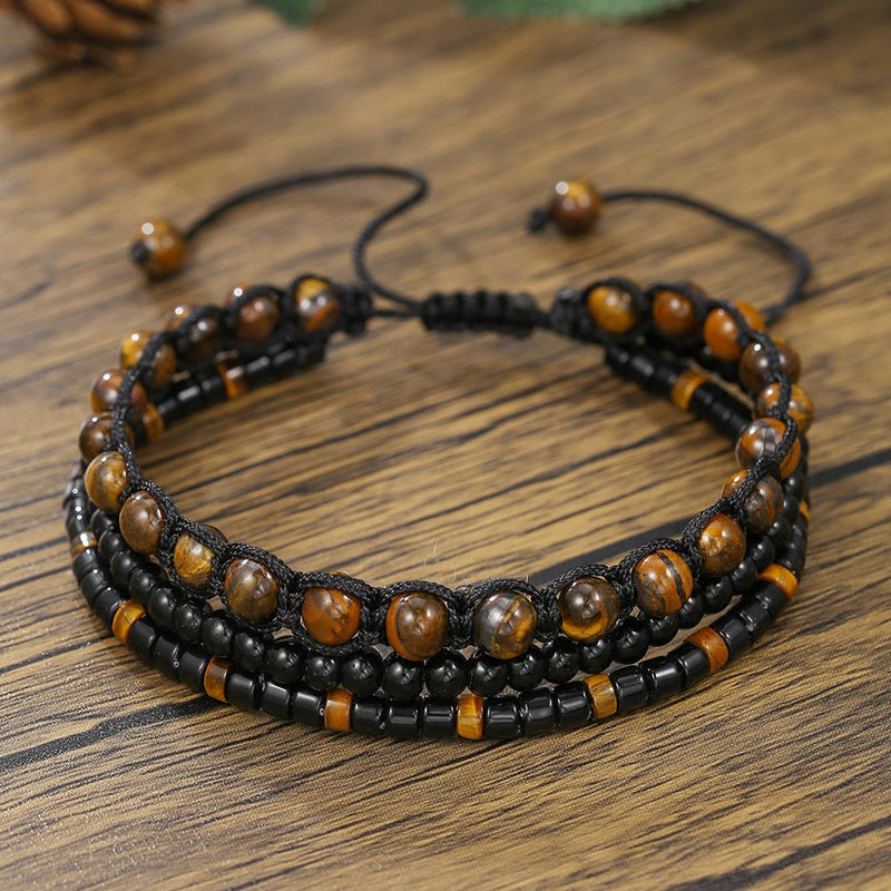 Bracelet homme en œil de tigre et onyx noir, ensemble multi rangs à perles naturelles, cordon tressé ajustable, modèle Bully