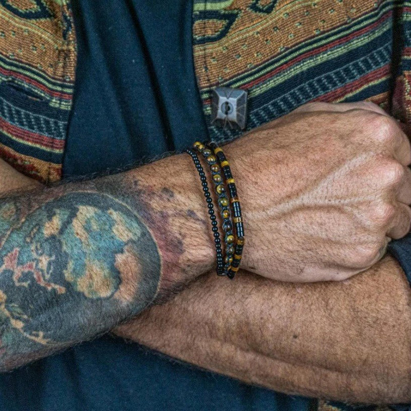 Bracelet homme en œil de tigre et onyx noir, ensemble multi rangs à perles naturelles, cordon tressé ajustable, modèle Bully
