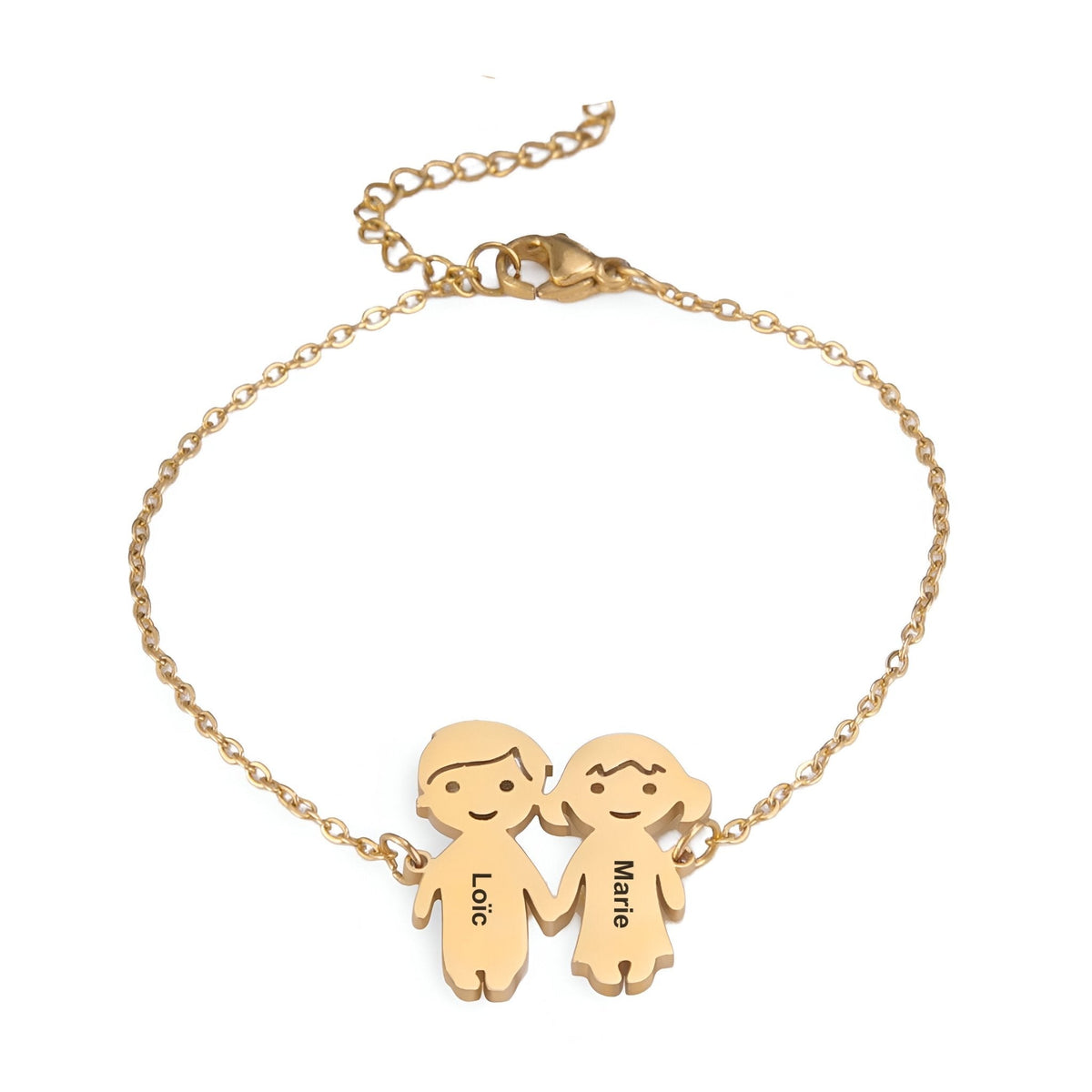 Bracelet en acier inoxydable doré avec deux pendentifs personnages personnalisés, chaîne fine et fermoir mousqueton.