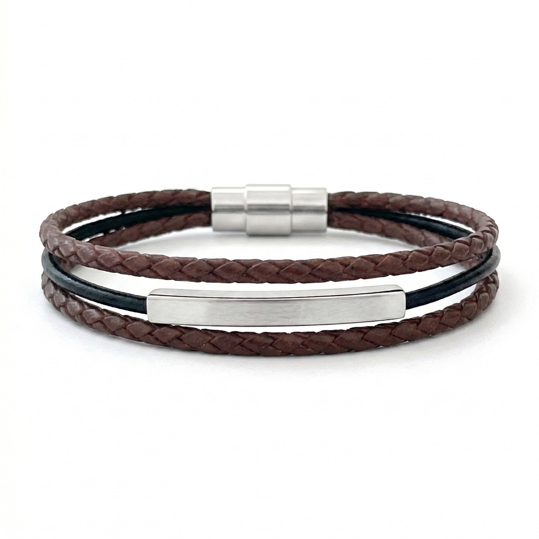 Men’s braided vegan leather bracelet, customizable titanium plate, magnetic clasp, complimentary engraving, elegant masculine jewelry, Bushi model