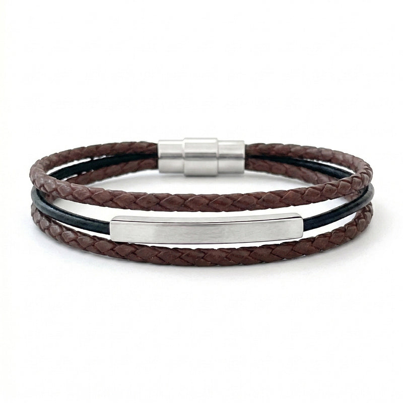 Men’s braided vegan leather bracelet, customizable titanium plate, magnetic clasp, complimentary engraving, elegant masculine jewelry, Bushi model