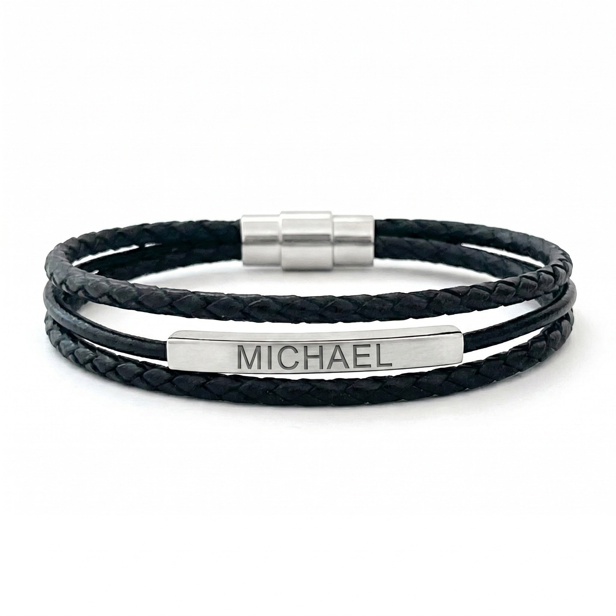 Bracciale uomo in similpelle vegan intrecciata, placca in titanio personalizzabile, chiusura magnetica, incisione regalo inclusa, gioiello maschile elegante, modello Bushi
