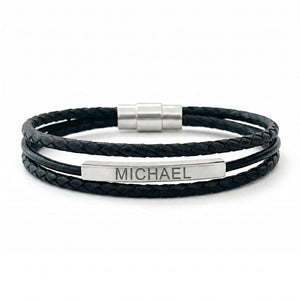 Men’s braided vegan leather bracelet, customizable titanium plate, magnetic clasp, complimentary engraving, elegant masculine jewelry, Bushi model