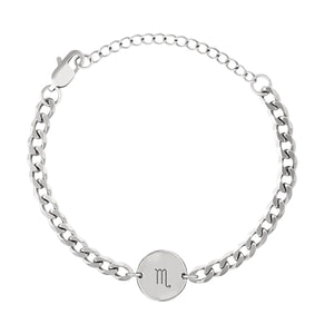 Bracelet gourmette en acier inoxydable avec médaille ronde gravée du symbole astrologique du Scorpion, finition brillante,.