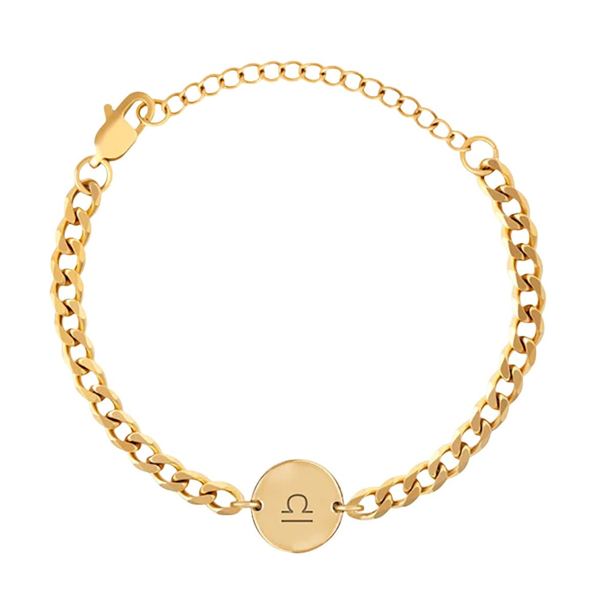 Bracelet chaîne gourmette en acier doré avec médaille ronde gravée du signe astrologique Balance.