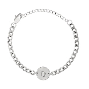 Bracelet en acier argenté à chaîne gourmette avec médaille ronde gravée du signe Vierge, design mixte et discret.