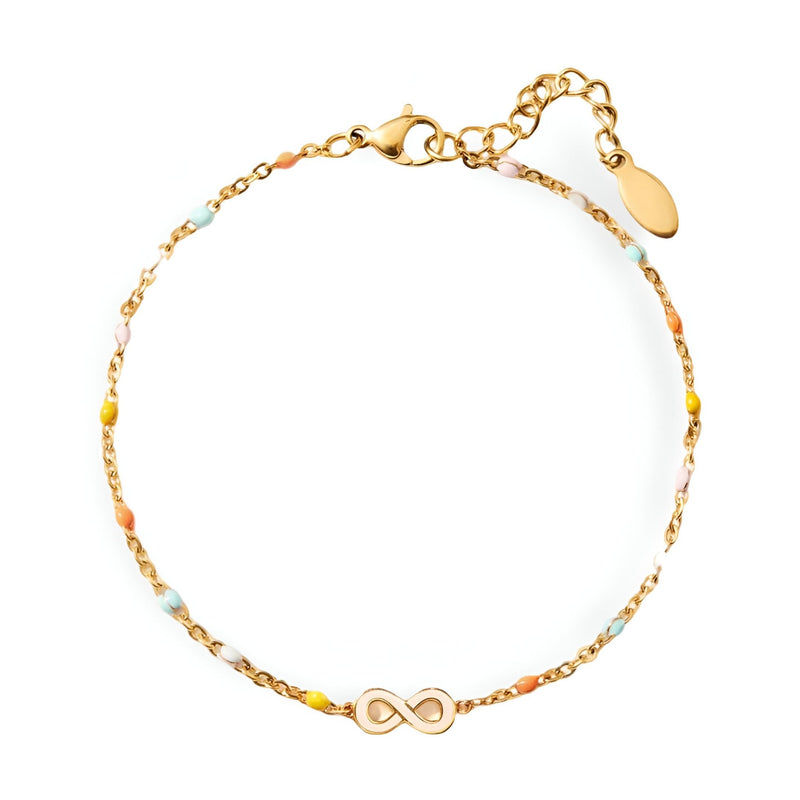 Bracelet fin en argent sterling avec symbole infini et perles multicolores fines.
