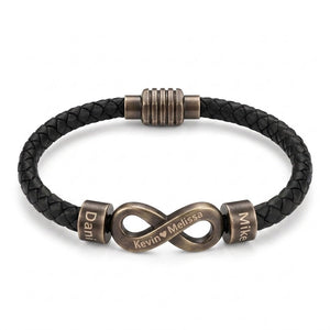 Bracelet infini personnalisable, croûte de cuir noir tressée, 2 anneaux à graver, acier inoxydable, fermoir magnétique, modèle Hestio