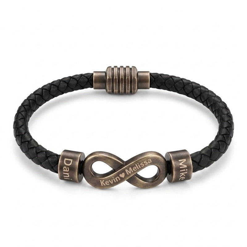 Bracelet infini personnalisable, croûte de cuir noir tressée, 2 anneaux à graver, acier inoxydable, fermoir magnétique, modèle Hestio