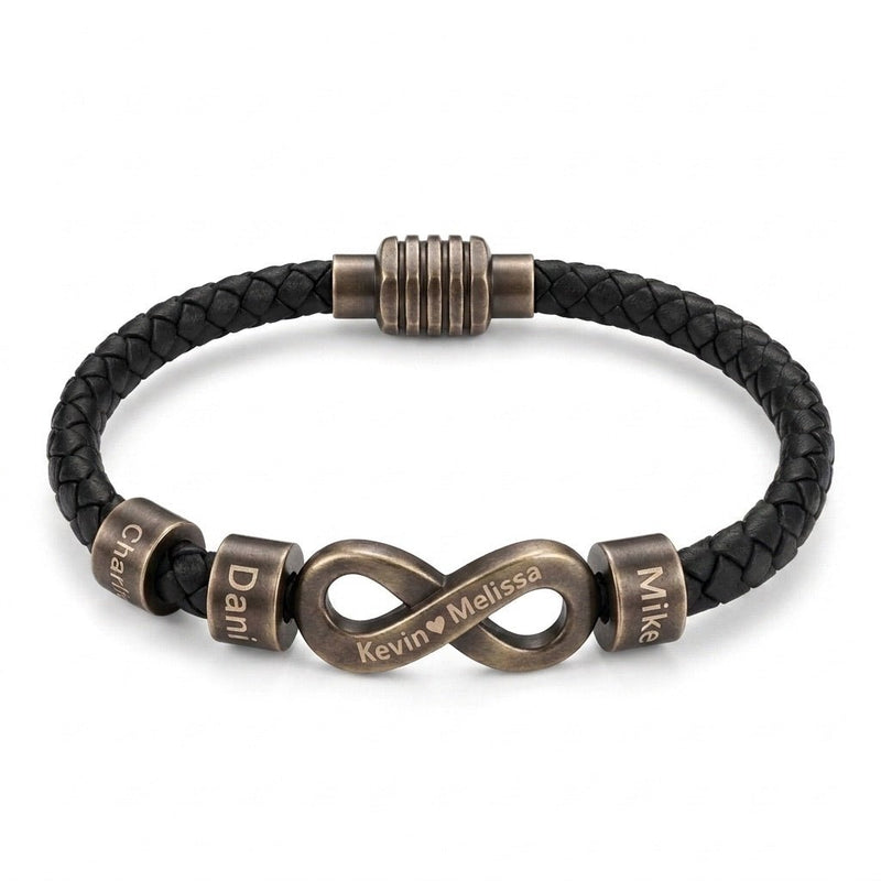 Bracelet infini personnalisable, croûte de cuir noir tressée, 3 anneaux à graver, acier inoxydable, fermoir magnétique, modèle Hestio