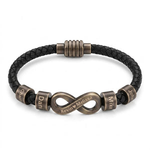 Bracelet infini personnalisable, croûte de cuir noir tressée, 4 anneaux à graver, acier inoxydable, fermoir magnétique, modèle Hestio