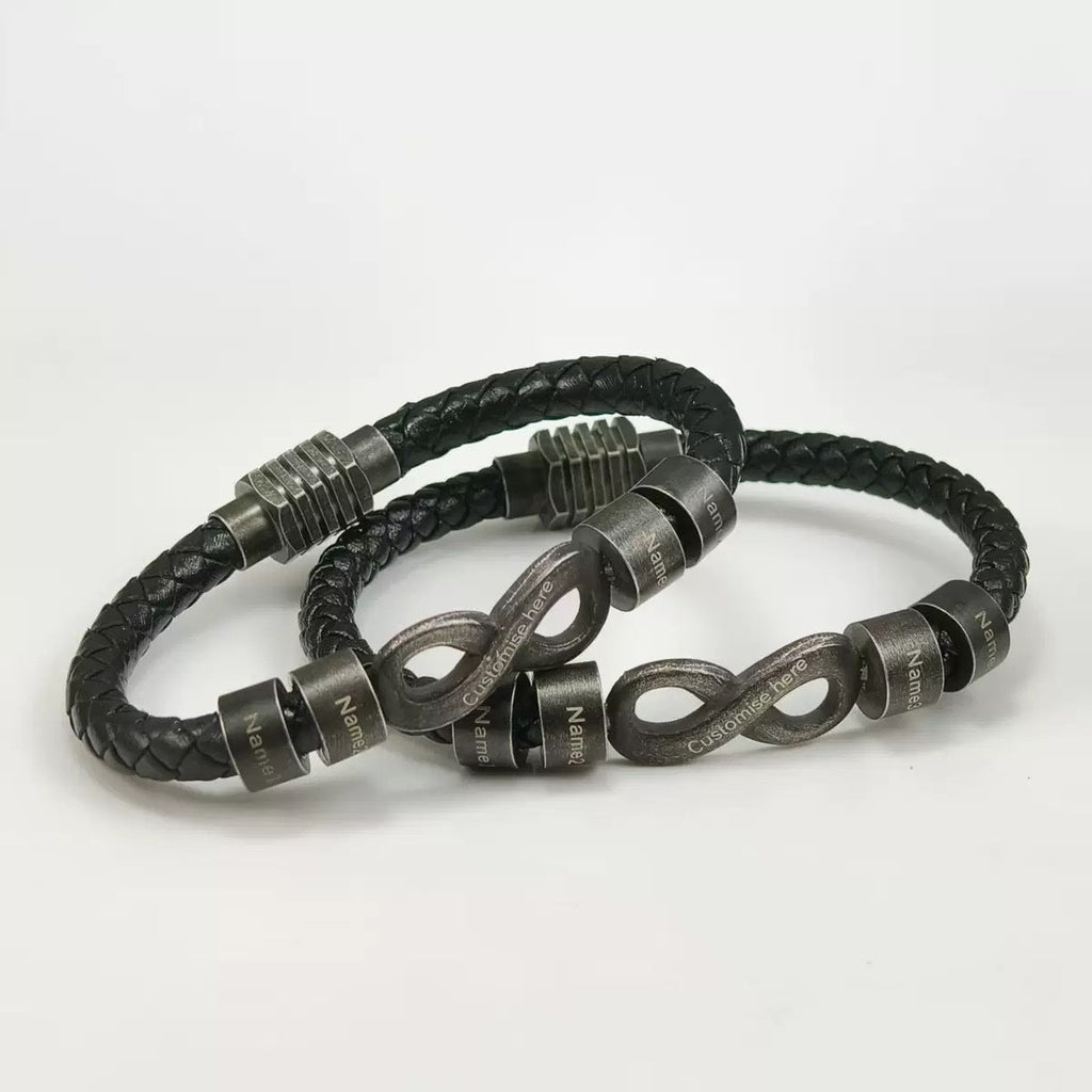 Bracelet infini personnalisable, croûte de cuir noir tressée, 4 anneaux à graver, acier inoxydable, fermoir magnétique, modèle Hestio
