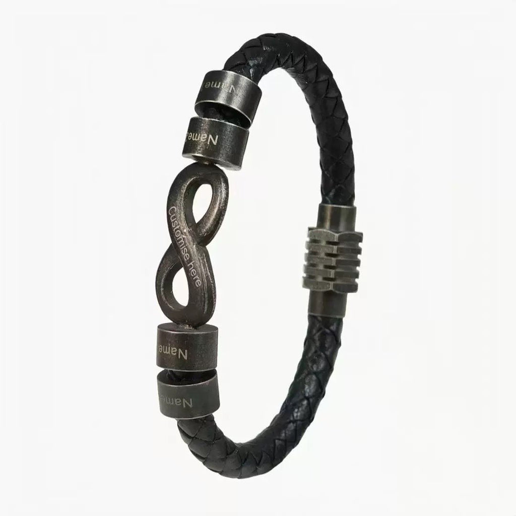 Bracelet infini personnalisable, croûte de cuir noir tressée, 4 anneaux à graver, acier inoxydable, fermoir magnétique, modèle Hestio