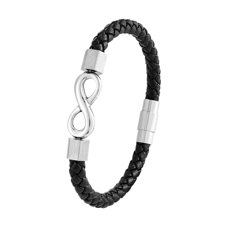 Bracelet en cuir tressé noir avec ornement métal infini argenté et fermoir magnétique chrome.