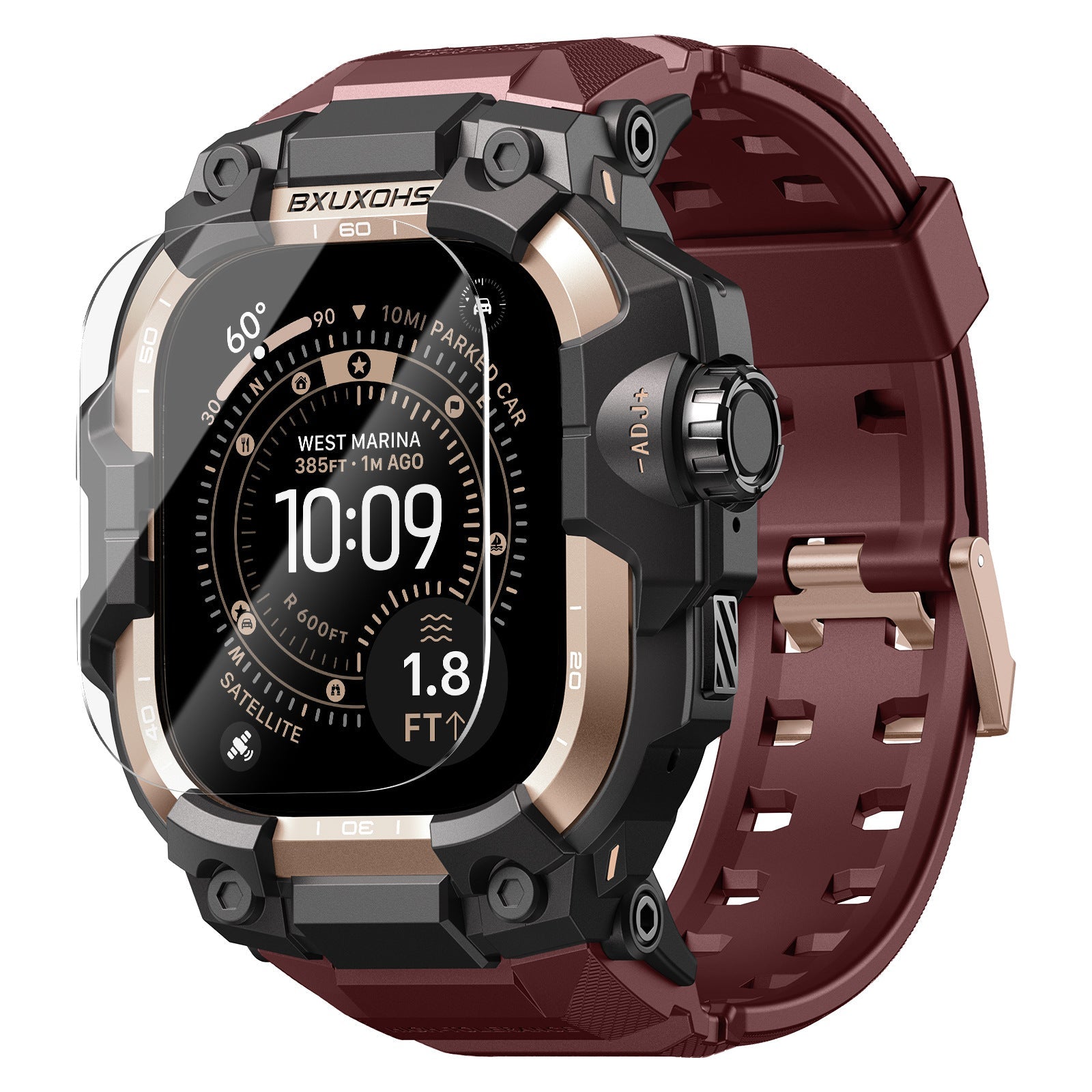 Bracelet Apple Watch Ultra bordeaux avec boîtier blindé noir mat et or, fermoir robuste métallique, écran protégé.