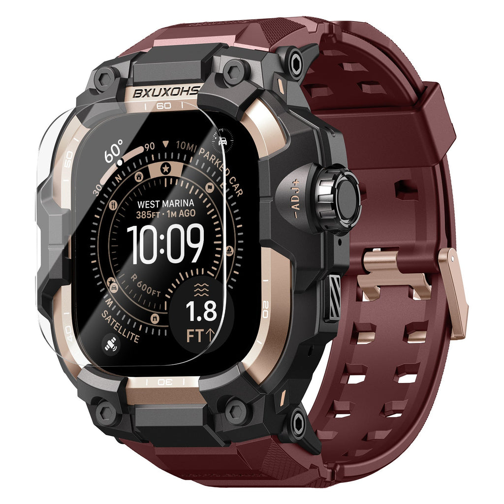 Bracelet Apple Watch Ultra bordeaux avec boîtier blindé noir mat et or, fermoir robuste métallique, écran protégé.