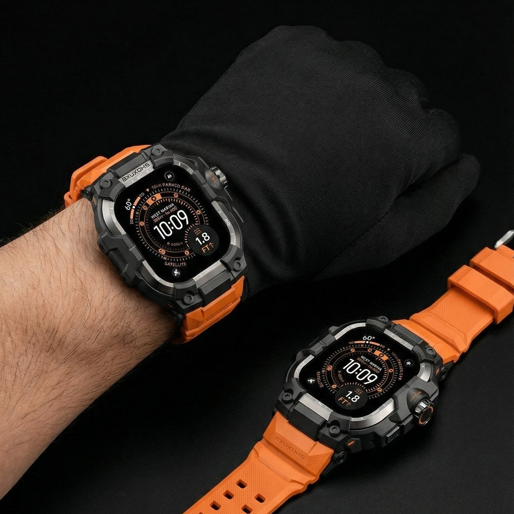 Bracelet Apple Watch Ultra orange en silicone avec boîtier noir renforcé et écran protégé, design robuste Diesel.