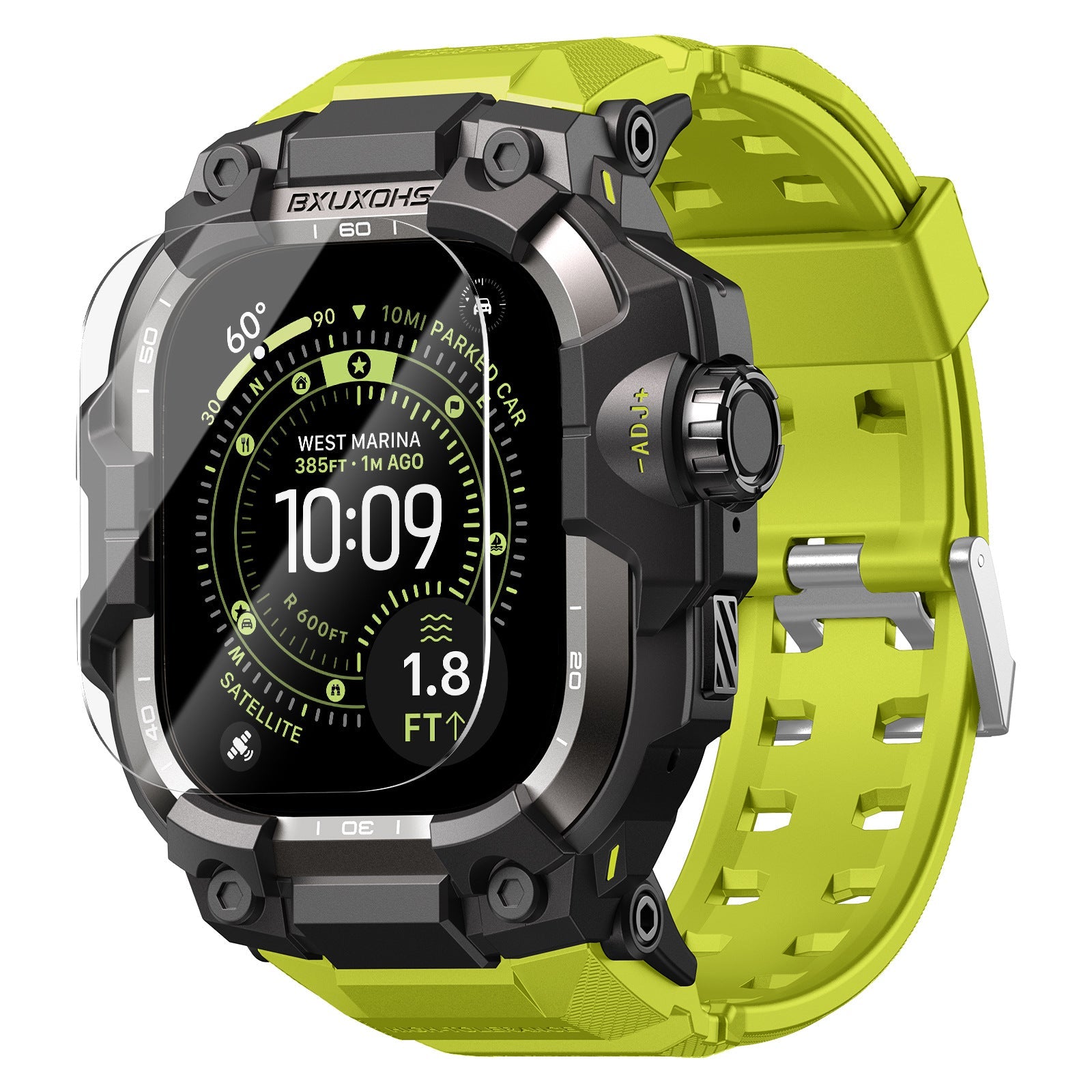 Bracelet vert fluo renforcé avec fermoir métallique robuste et coque noire blindée pour Apple Watch Ultra.