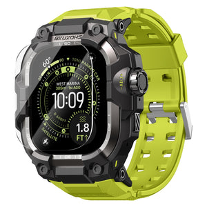Bracelet vert fluo renforcé avec fermoir métallique robuste et coque noire blindée pour Apple Watch Ultra.
