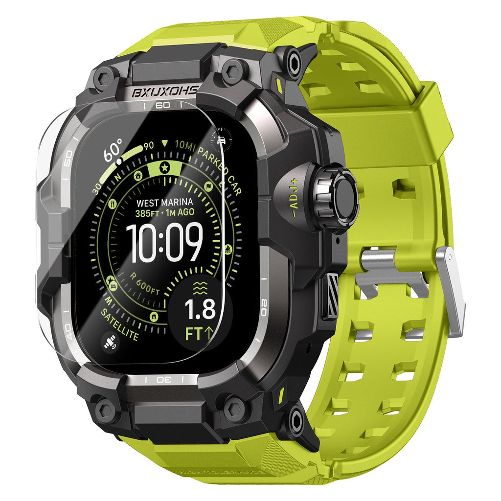 Bracelet vert fluo renforcé avec fermoir métallique robuste et coque noire blindée pour Apple Watch Ultra.