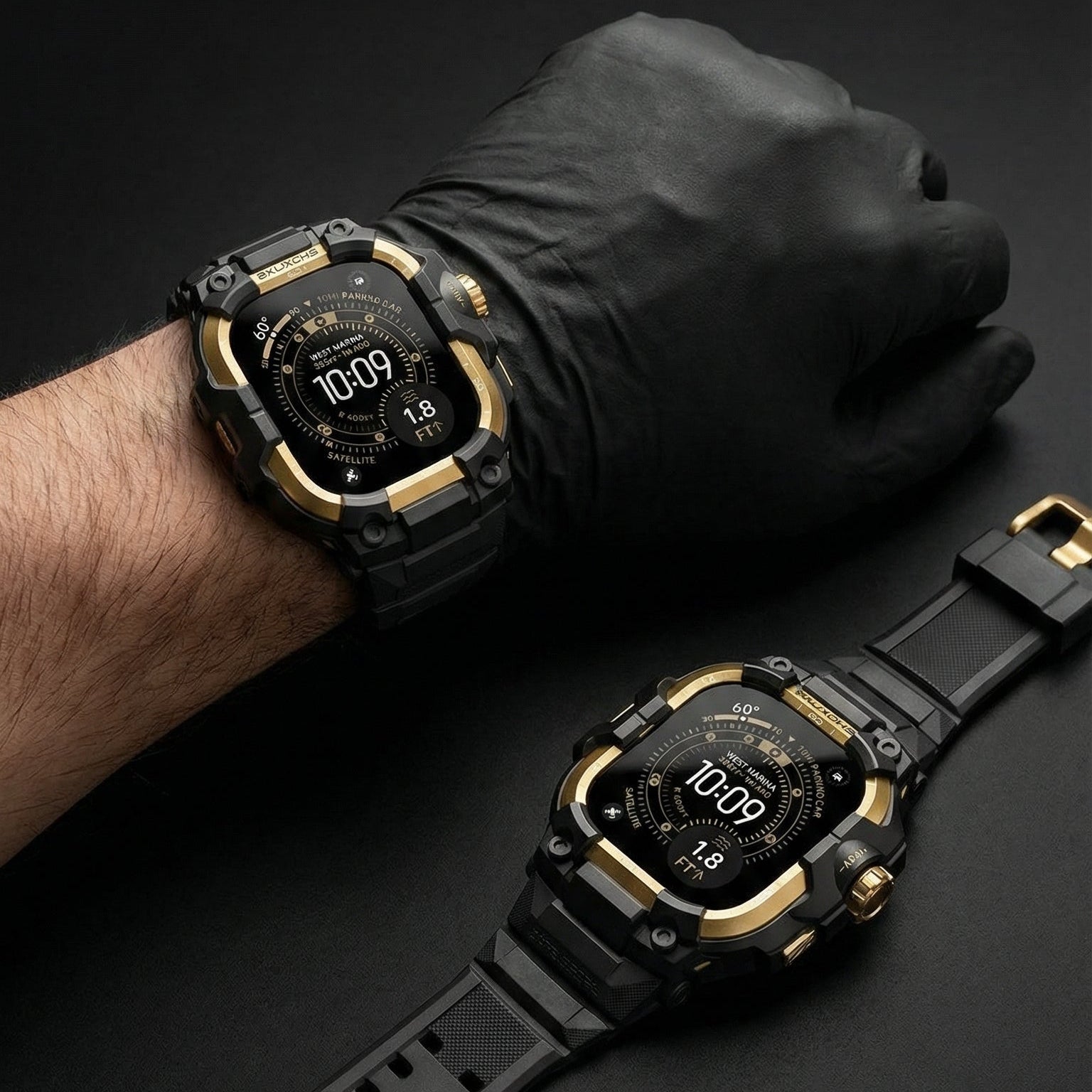 Bracelet noir renforcé avec fermoir solide et détails dorés pour Apple Watch Ultra, design robuste et blindé.