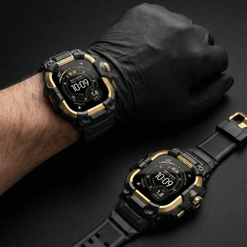 Bracelet noir renforcé avec fermoir solide et détails dorés pour Apple Watch Ultra, design robuste et blindé.