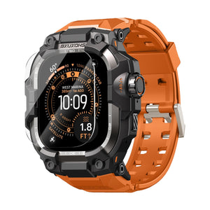 Bracelet blindé orange pour Apple Watch Ultra avec fermoir solide et protection d'écran noire robuste.