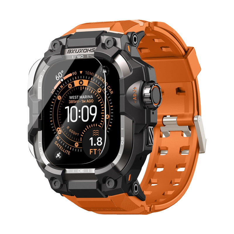 Bracelet blindé orange pour Apple Watch Ultra avec fermoir solide et protection d'écran noire robuste.