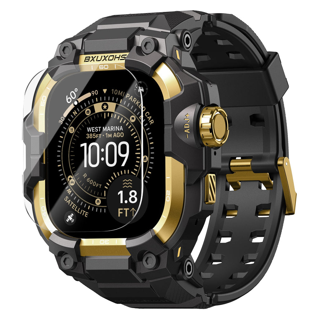 Bracelet Apple Watch Ultra noir renforcé avec fermoir et détails dorés, design blindé robuste.