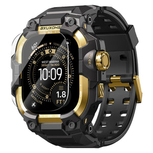 Bracelet Apple Watch Ultra noir renforcé avec fermoir et détails dorés, design blindé robuste.