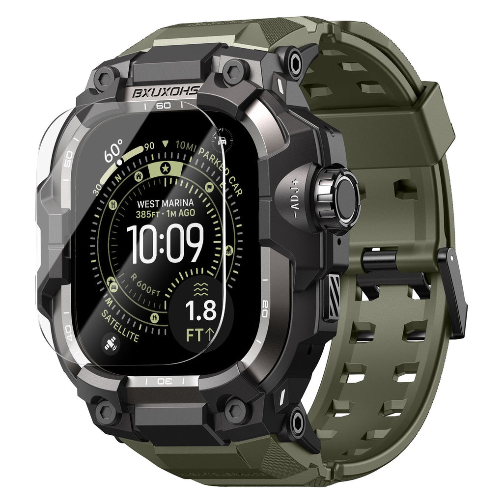 Bracelet vert olive renforcé pour Apple Watch Ultra avec fermoir solide et coque blindée noire et métallique.