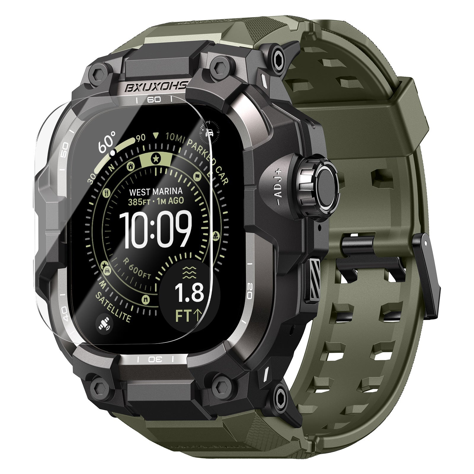 Bracelet vert olive renforcé pour Apple Watch Ultra avec fermoir solide et coque blindée noire et métallique.