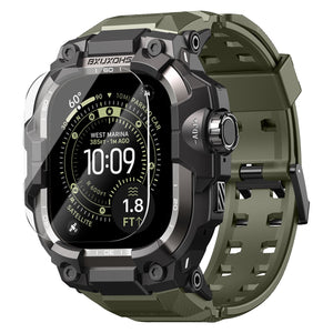 Bracelet vert olive renforcé pour Apple Watch Ultra avec fermoir solide et coque blindée noire et métallique.