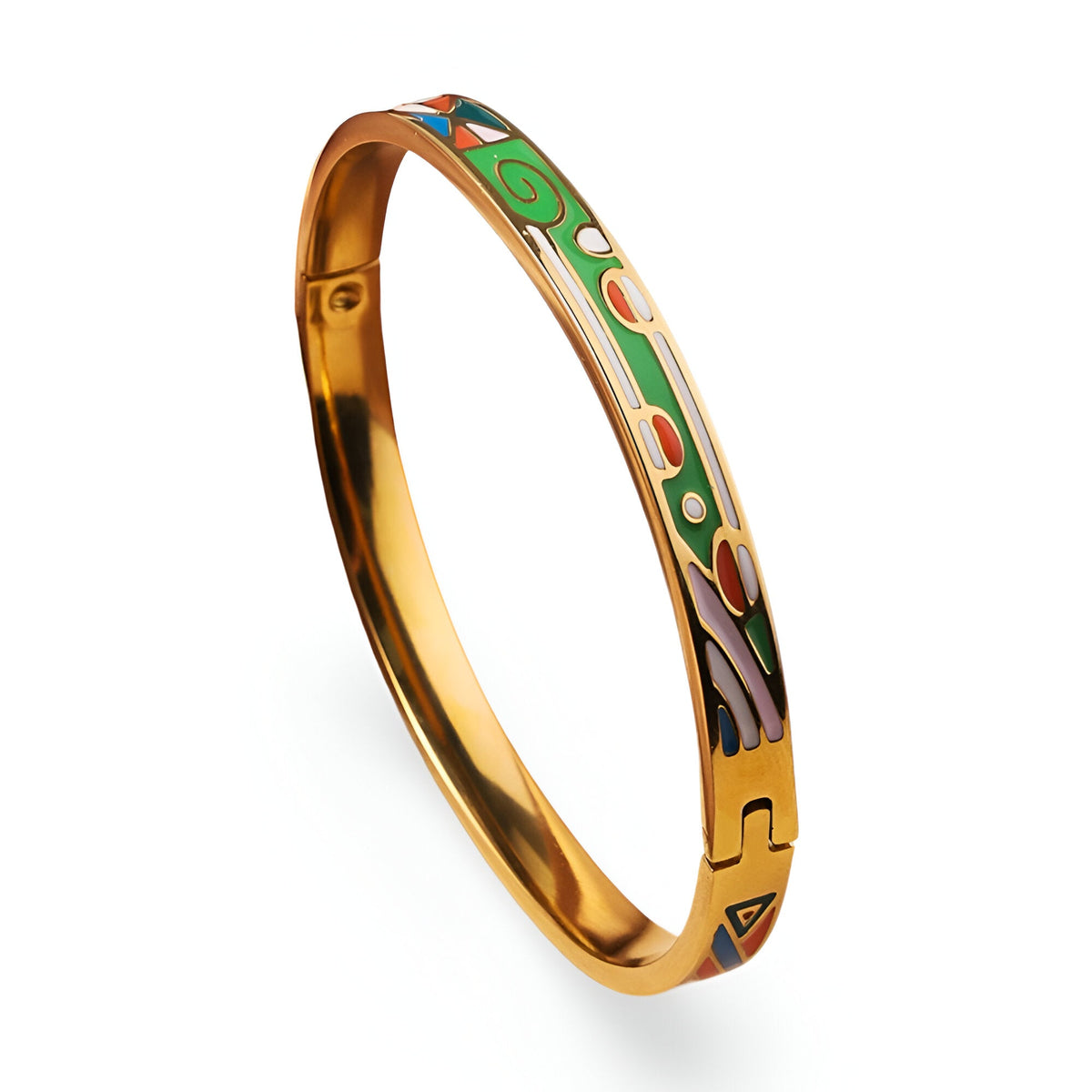 Bracelet jonc doré émaillé vert, motifs géométriques colorés, fermeture à charnière.